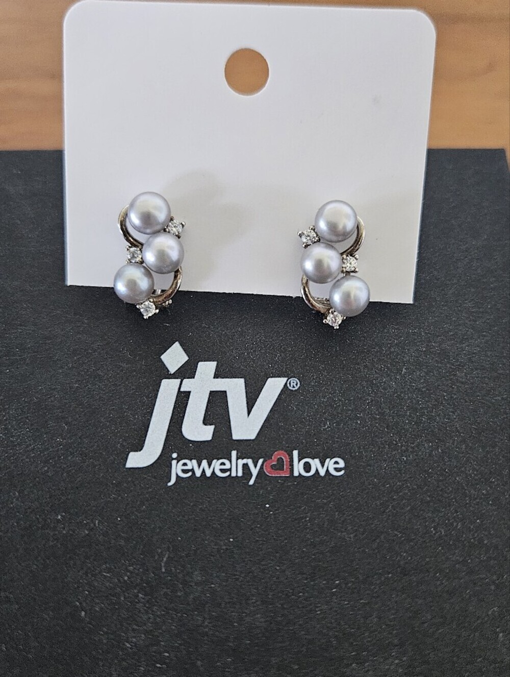 JTV Silver Pearl and Crystal Cluster Stud Earrings